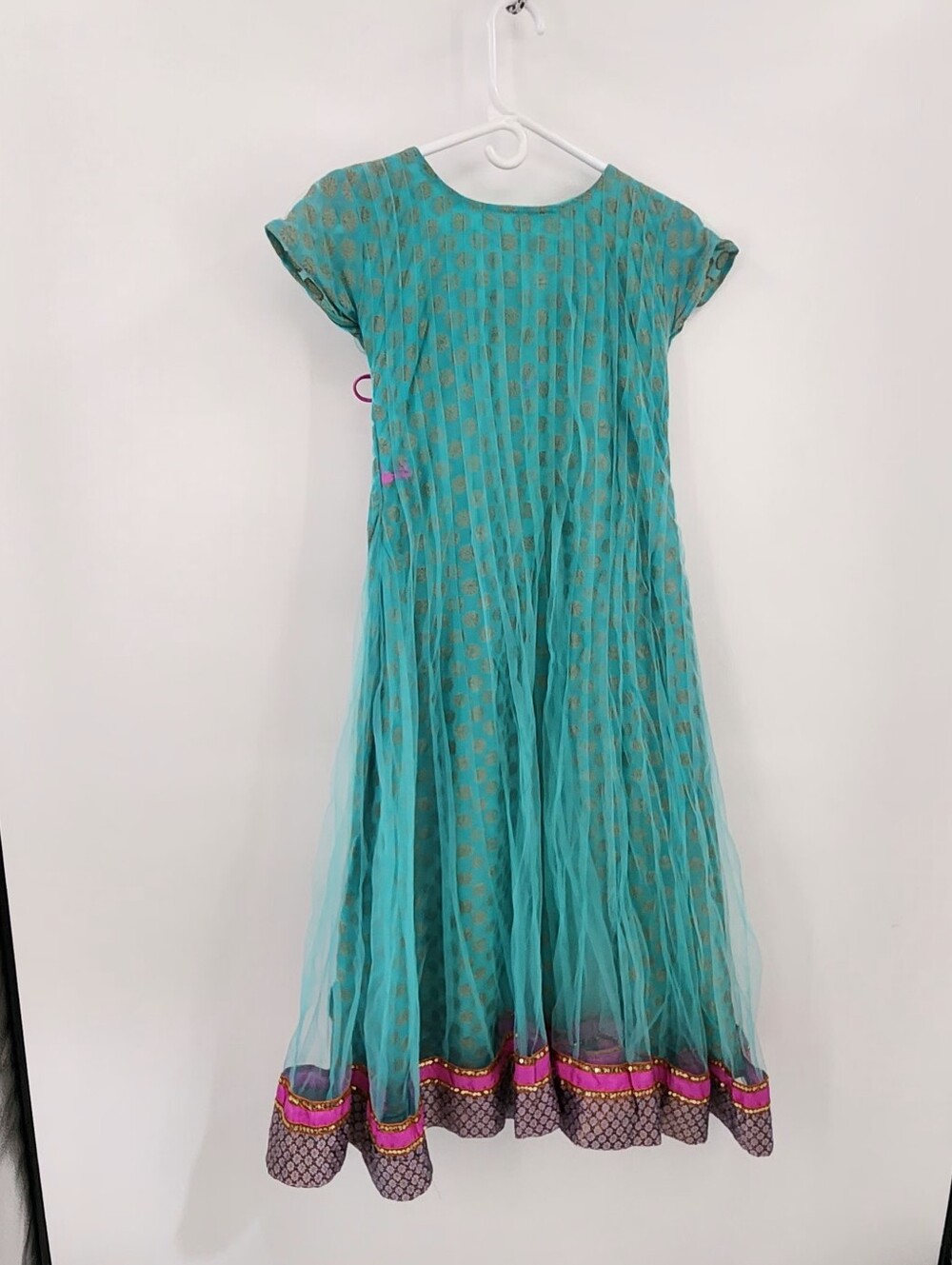 Turquoise & Pink Embellished Anarkali Dress Set, Size 6 years, 7 years Old - Picture 5 of 7
